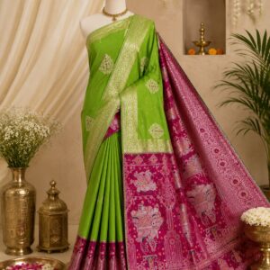 Banarasi Silk Saree with Rani Pink Meenakari Elephant Pallu